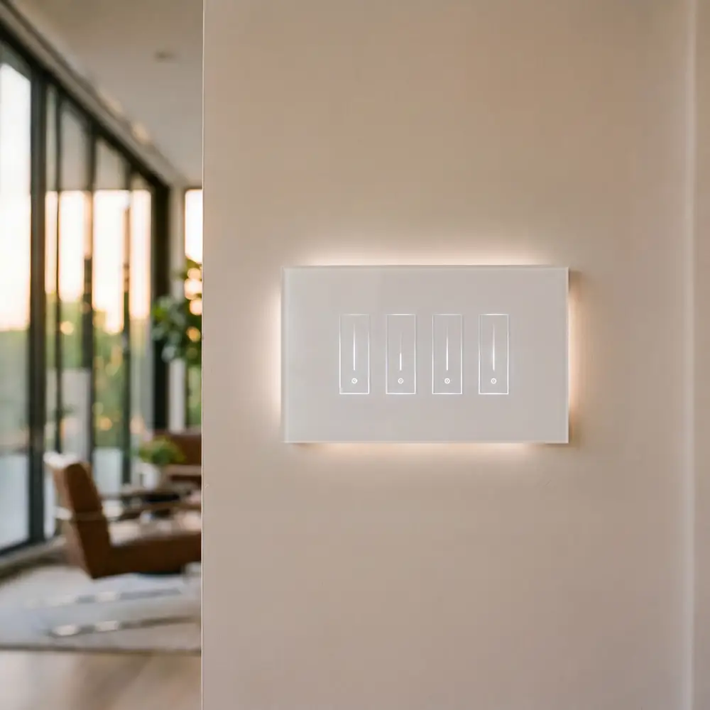 iotty 4-gang · white glass smart switch, backlit on a plaster wall