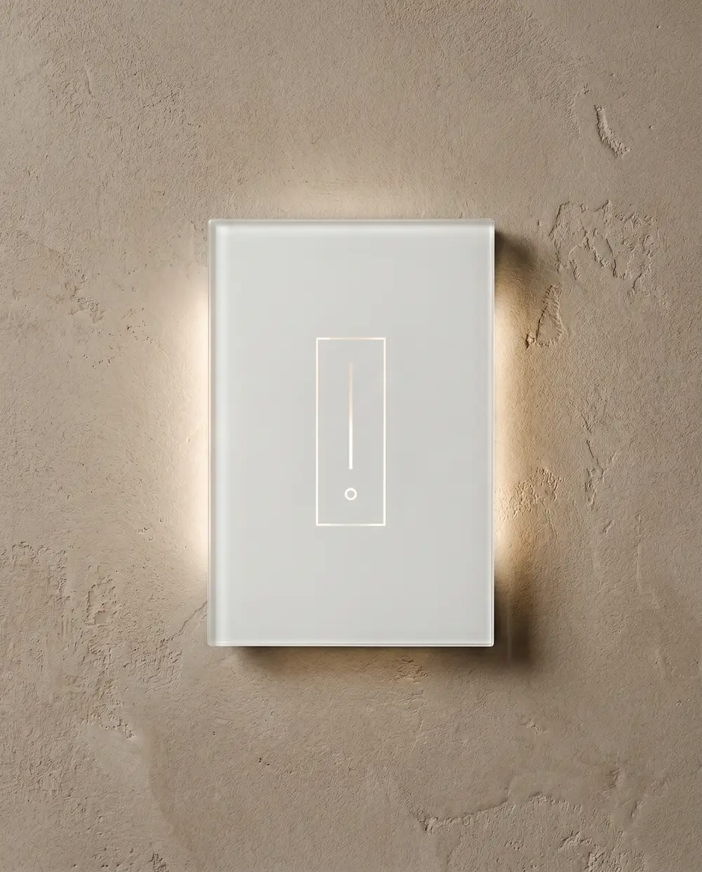 iotty smart switch in white tempered glass, backlit on a wall